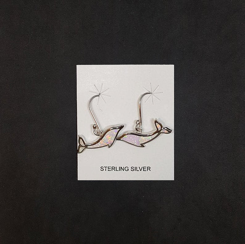 Dolphin White Opal Sterling silver dangle earrings