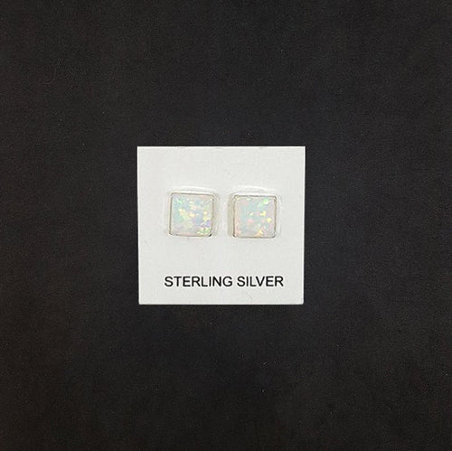 7 mm Square White Fire Opal sterling silver stud earrings