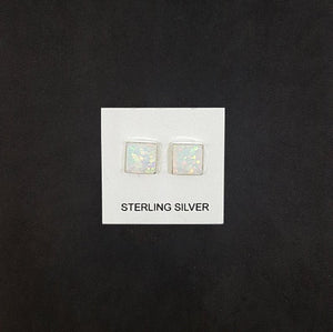 7 mm Square White Fire Opal sterling silver stud earrings