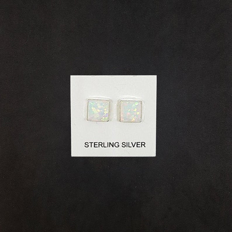7 mm Square White Fire Opal sterling silver stud earrings
