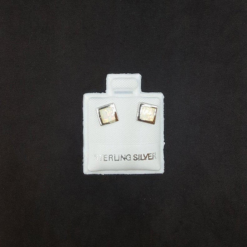 5 mm Square White Fire Opal sterling silver post earrings