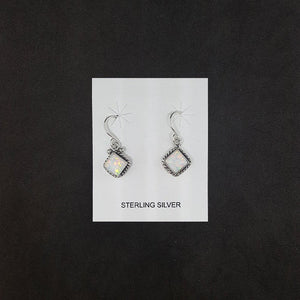 Twisted design 6 mm White Fire Opal diamond shape sterling silver dangle earrings