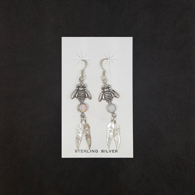 Native Bees with Feathers 5 mm round White Fire Opal sterling silver dangle earrings