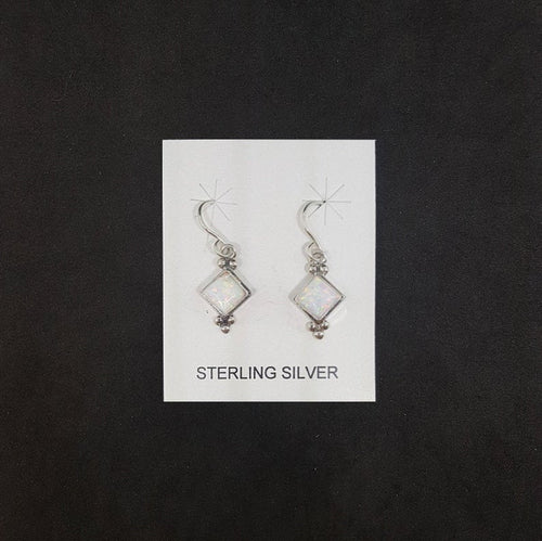 6 mm White Fire Opal diamond shape dots sterling silver dangle earrings