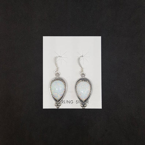 Teardrop shape White Fire Opal Dots sterling silver silver dangle earrings