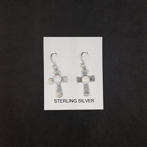 Simple Cross 5 mm round White Fire Opal sterling silver dangle earrings
