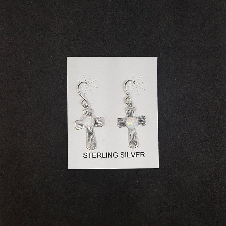 Simple Cross 5 mm round White Fire Opal sterling silver dangle earrings