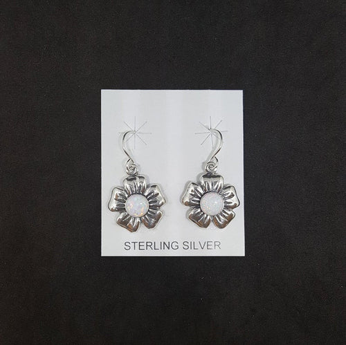 Hibiscus flower 6 mm round White Fire Opal sterling silver dangle earrings