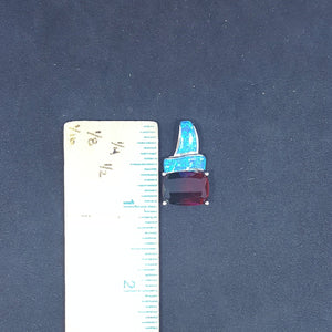 Hat Blue Fire Opal Tourmaline rectangle shape sterling silver pendant necklace