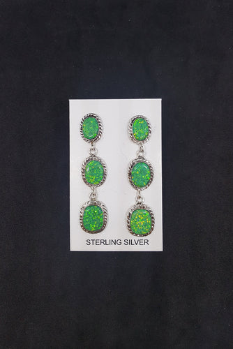 3 Stones Green Fire Opal long thin chain style post earrings