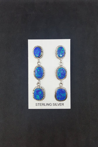 3 Stones Blue Fire Opal long thin chain style post earrings