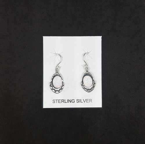 Waves design oval White Fire Opal sterling silver dangle earrings