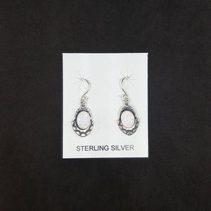 Waves design oval White Fire Opal sterling silver dangle earrings