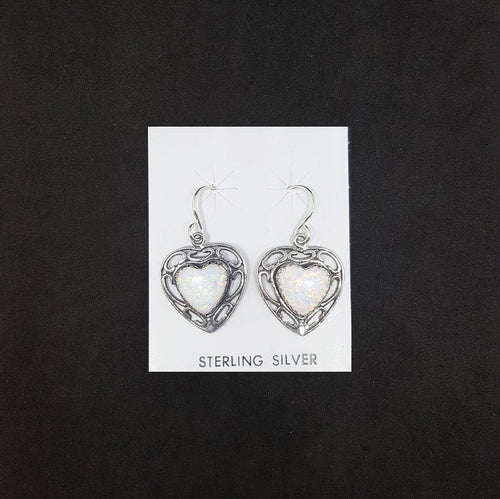 Heart White Fire Opal wavy patterns sterling silver dangle earrings