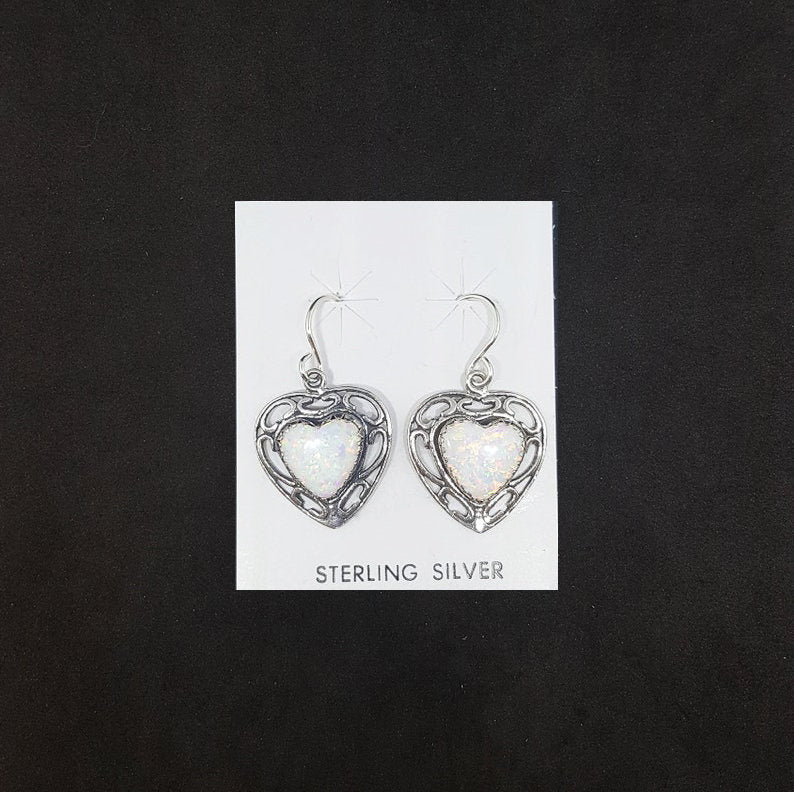 Heart White Fire Opal wavy patterns sterling silver dangle earrings