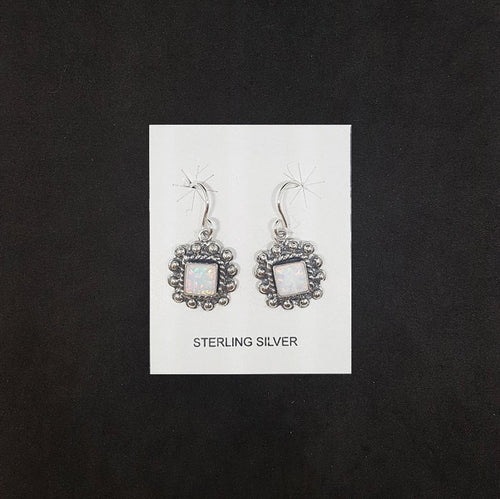 Cluster square White Fire Opal sterling silver dangle earrings