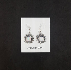 Cluster square White Fire Opal sterling silver dangle earrings