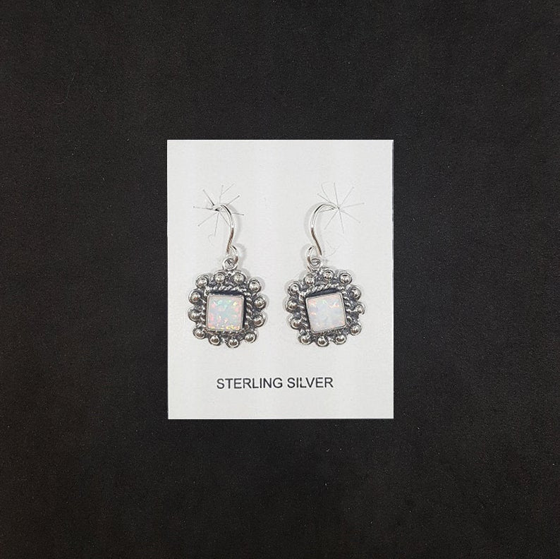 Cluster square White Fire Opal sterling silver dangle earrings