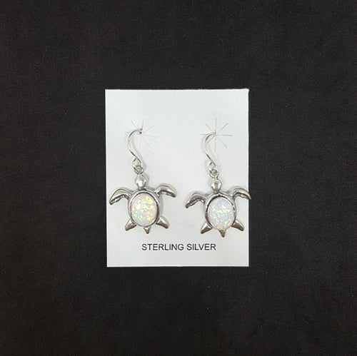 Turtle shape with oval white fire opal sterling silver dangle earrings