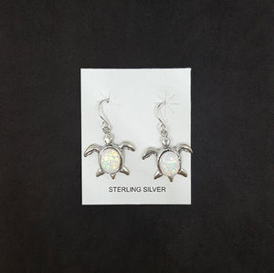 Turtle shape with oval white fire opal sterling silver dangle earrings