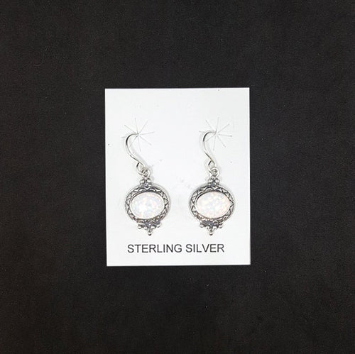 Zic zac design with dots oval white fire opal sterling silver dangle earrings