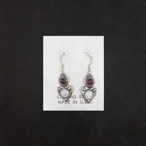 Heart shape 6 mm White Fire Opal 5 mm Garnet sterling silver dangle earrings