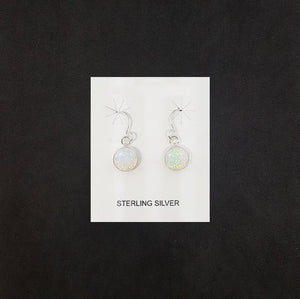 Simple 8 mm round White Fire Opal sterling silver dangle earrings