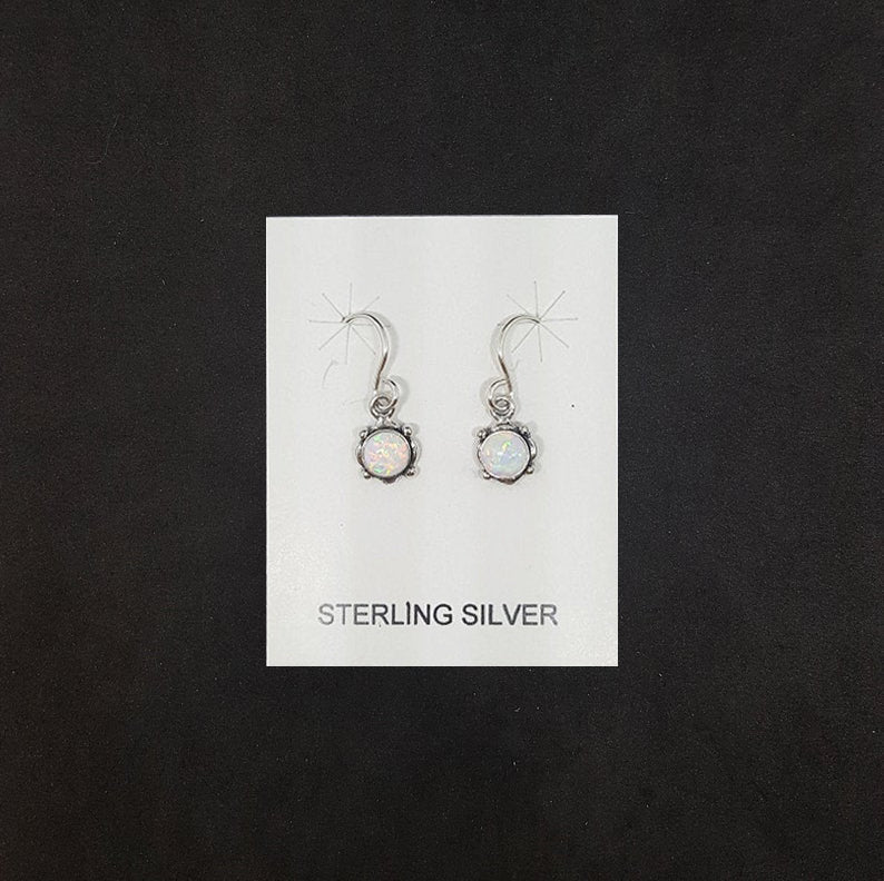 5 mm round White Fire Opal dots on diamond shape sterling silver dangle earrings