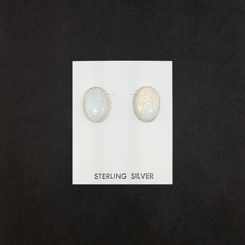 Simple Oval White Fire Opal sterling silver post earrings