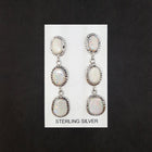 3 Stones White Fire Opal long thin chain style post earrings