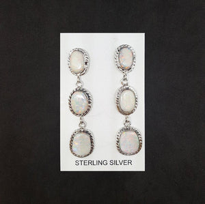 3 Stones White Fire Opal long thin chain style post earrings