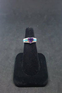 Size 7 1/2 - Blue Fire Opal micro CZ Amethyst Heart shape Royal style sterling silver ring