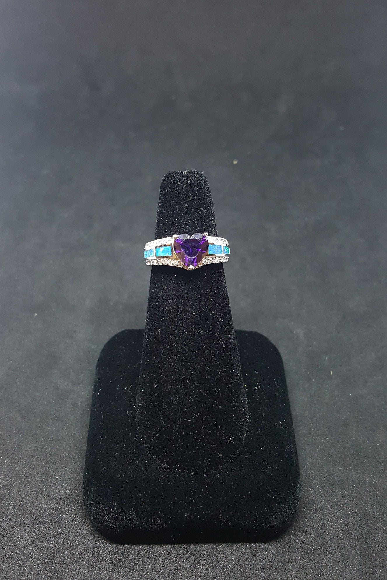 Size 7 1/2 - Blue Fire Opal micro CZ Amethyst Heart shape Royal style sterling silver ring