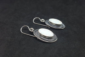 Ancient pattern Oval White Fire Opal sterling silver dangle earrings