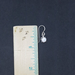 5 mm round White Fire Opal dots on diamond shape sterling silver dangle earrings