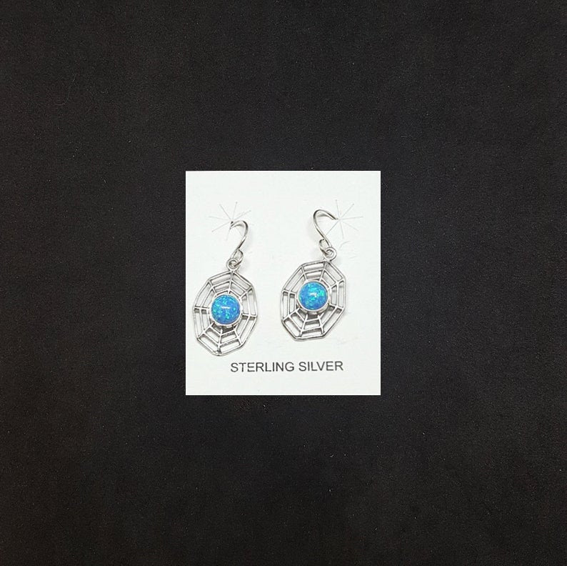 Blue Fire Opal Spider Web shape sterling silver dangle earrings