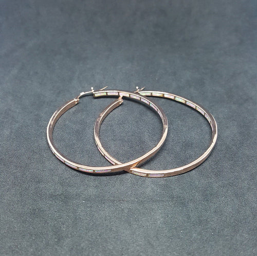 2 inches round Inlay white fire opal rose gold plated sterling silver hoop earrings