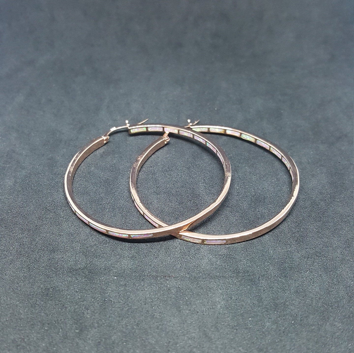 2 inches round Inlay white fire opal rose gold plated sterling silver hoop earrings
