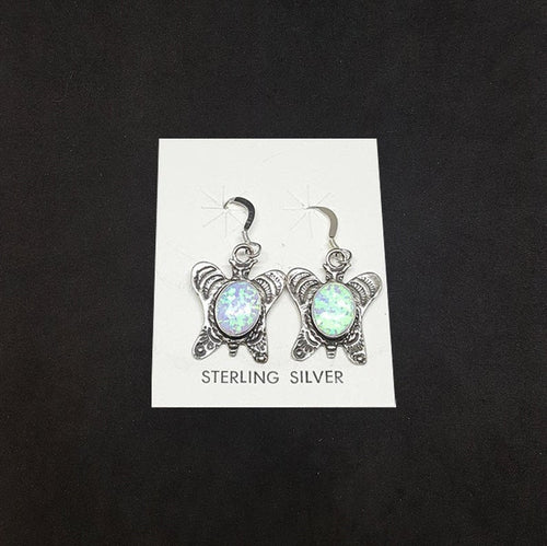 Butterfly with design Oval light Blue Fire Opal sterling silver dangle earrings