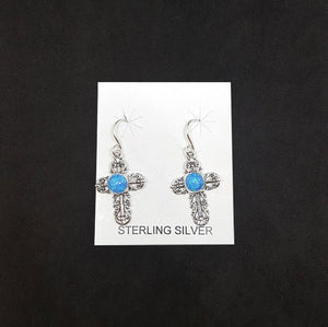 Cross 4 mm round Blue Fire Opal sterling silver dangle earrings