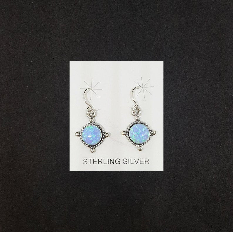 8mm round light Blue Fire Opal dots on round shape sterling silver dangle earrings