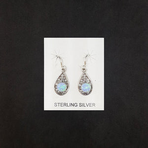 Teardrop Curvy patterns 6 mm round light Blue Fire Opal sterling silver dangle earrings