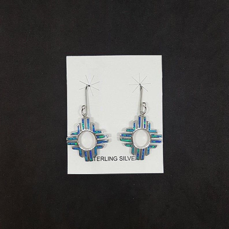 Blue Fire Opal with New Mexico Flag Shape sterling silver dangle earrings