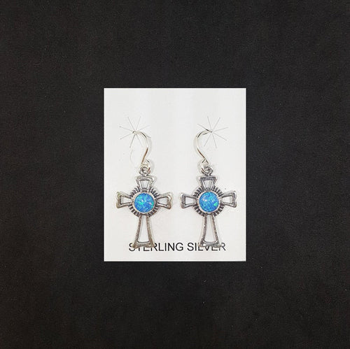 Cross 6 mm round Blue Fire Opal sterling silver dangle earrings