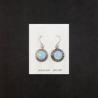 Diamond chain design 8 mm round Light Blue Fire Opal sterling silver dangle earrings