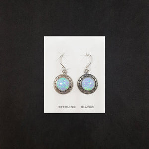 Diamond chain design 8 mm round Light Blue Fire Opal sterling silver dangle earrings