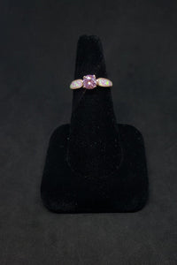 Pink Fire Opal round Pink CZ rose gold plated sterling silver ring size 8 1/4
