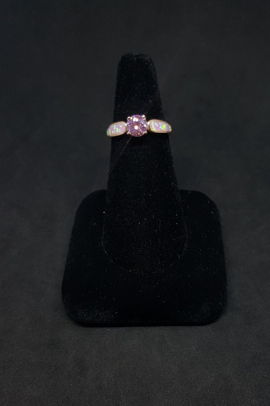 Pink Fire Opal round Pink CZ rose gold plated sterling silver ring size 8 1/4