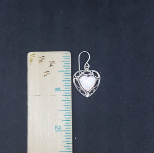 Heart White Fire Opal wavy patterns sterling silver dangle earrings