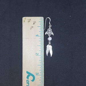 Native Bees with Feathers 5 mm round White Fire Opal sterling silver dangle earrings